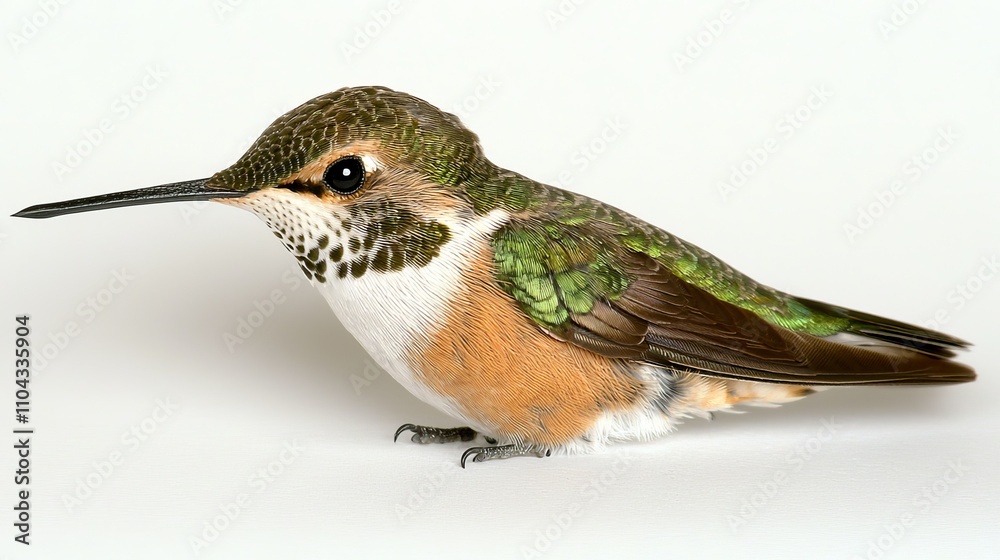 Fototapeta premium a close up of a hummingbird with a long beak perched on a white surface Its feathers are a mix of green, brown, white and orange, and its eyes are a deep black It
