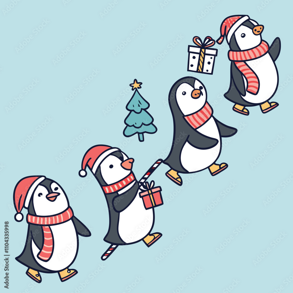 A parade of playful penguins in holiday attire, like scarves, hats, and earmuffs, each holding a festive objectr Vector Artwork A parade of playful penguins in holiday attire, like scarves, hats, and earmuffs, each holding a festive objectr Vector Artwork