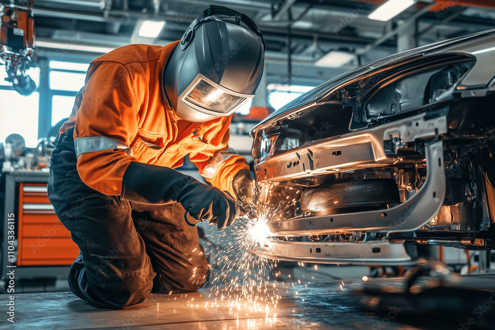 A mechanic in protective gear welding a car frame in a brightly lit workshop, focusing on safety and professional craftsmanship in auto repair. A mechanic in protective gear welding a car frame in a brightly lit workshop, focusing on safety and professional craftsmanship in auto repair.