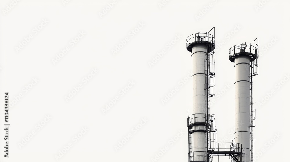 Obraz premium a black and white photo of two tall chimneys against a white background The chimneys are tall and cylindrical in shape, with railings along the sides