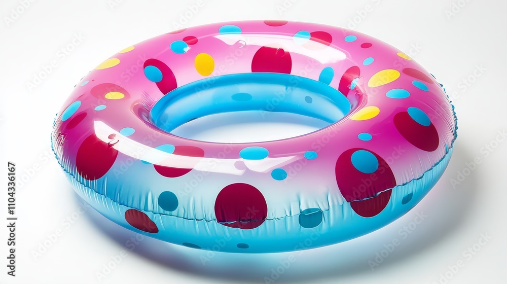 a pink and blue inflatable ring with polka dots on it, floating on a white surface a pink and blue inflatable ring with polka dots on it, floating on a white surface