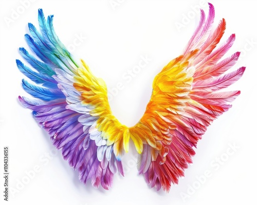 Colorful feather wings in a gradient of vibrant hues including red, orange, yellow, green, blue, and purple.