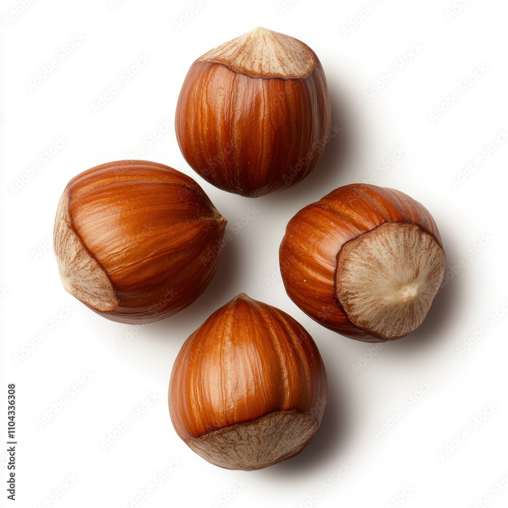 Four hazelnuts arranged on a white background. isolated on white background. Four hazelnuts arranged on a white background. isolated on white background.