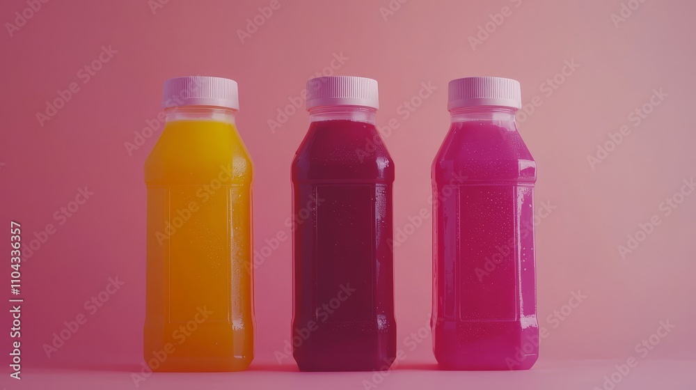 three bottles of juice on a pink background The bottles are filled with a variety of colors, including yellow, orange, and pink Each bottle has a white cap three bottles of juice on a pink background The bottles are filled with a variety of colors, including yellow, orange, and pink Each bottle has a white cap