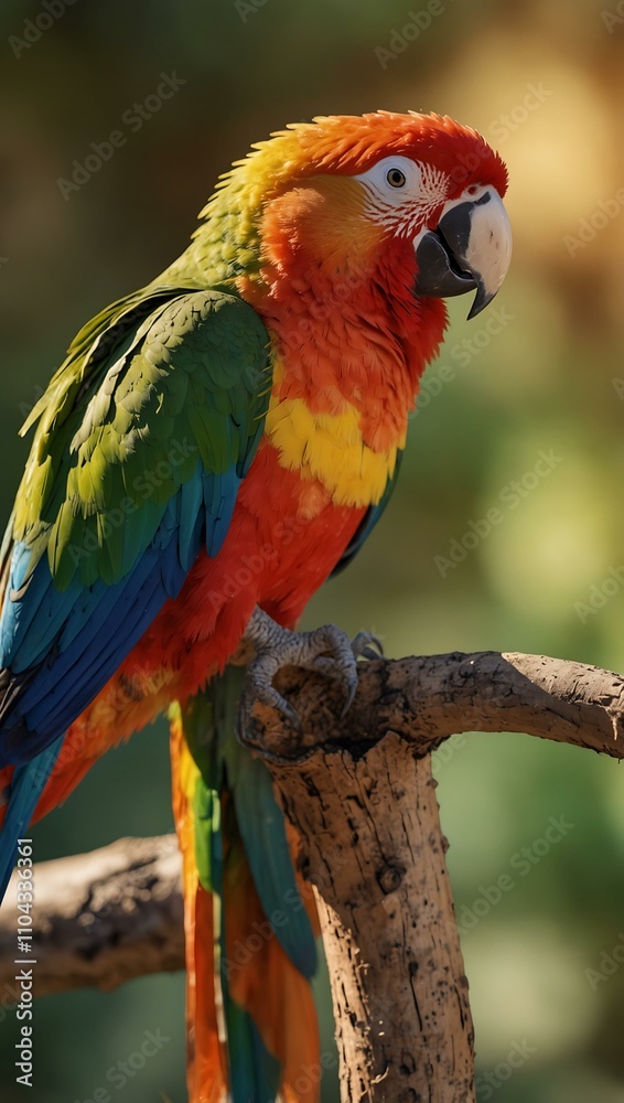Brightly colored parrots in warm sunlight. Brightly colored parrots in warm sunlight.