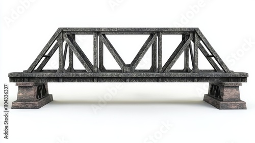  a 3D model of a truss bridge on a white background The bridge is composed of two trusses, each with a curved top and a flat bottom The truss is made of metal and