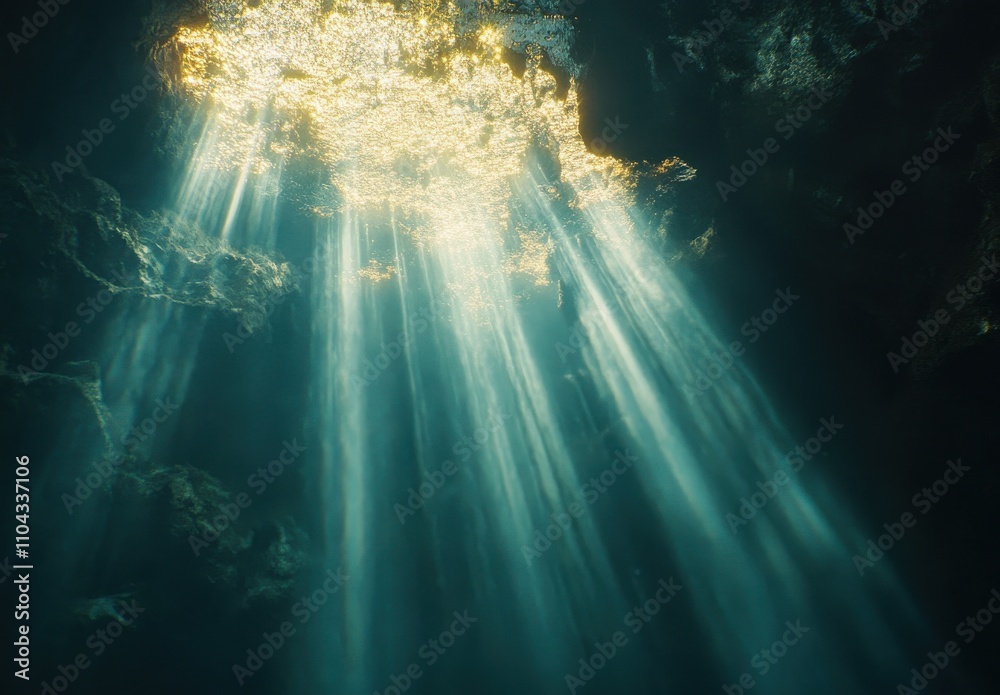 Obraz premium Sunlight Streams Through Water Surface in a Serene Cave Creating a Magical Underwater Scene with Ethereal Light Rays and Breathtaking Reflections