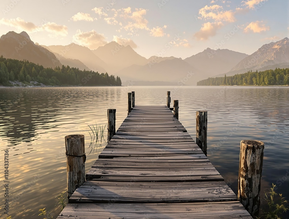 Fototapeta premium A peaceful lakeside scene with a wooden dock and distant mountains, nature, mountains