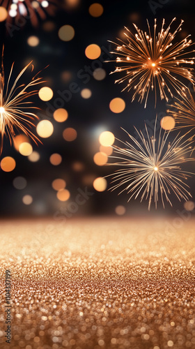 abstract gold glitter background with fireworks. christmas eve, new year and 4th of july holiday concept