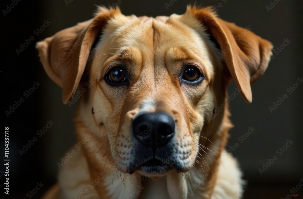 A dog with a golden coat gazes intently at the viewer, showcasing its expressive eyes in a warmly lit indoor environment. Generative AI A dog with a golden coat gazes intently at the viewer, showcasing its expressive eyes in a warmly lit indoor environment. Generative AI