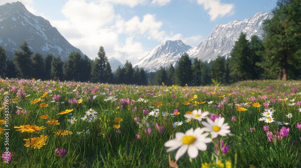 a field of wildflowers with mountains in the background, surrounded by lush green grass and trees The sky is filled with white, fluffy clouds, creating a peaceful a field of wildflowers with mountains in the background, surrounded by lush green grass and trees The sky is filled with white, fluffy clouds, creating a peaceful