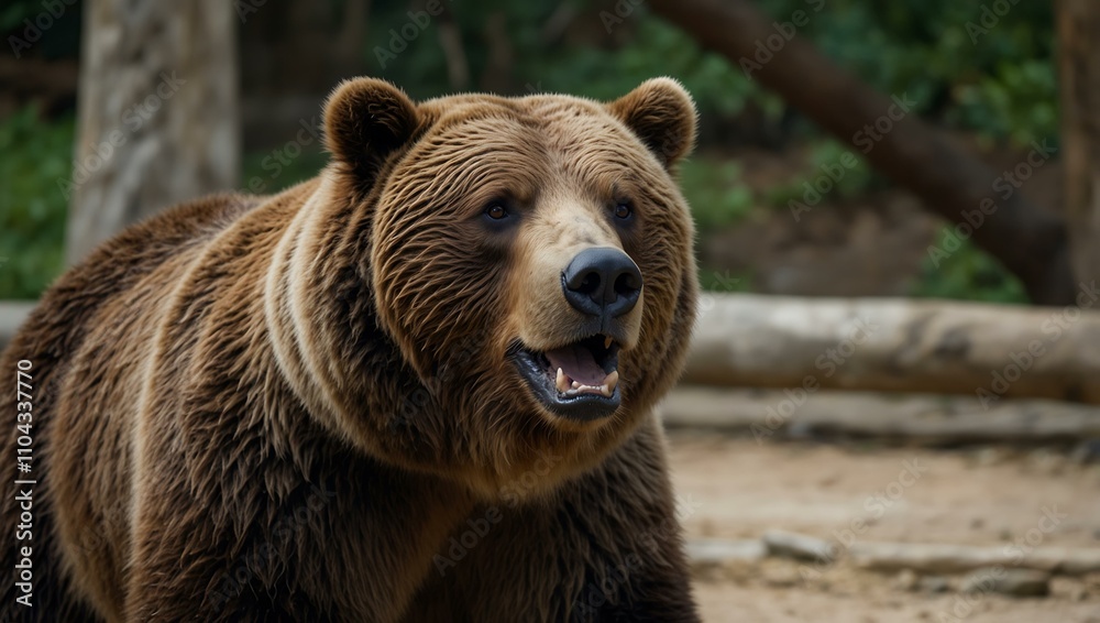 Brown bear in a large zoo enclosure.