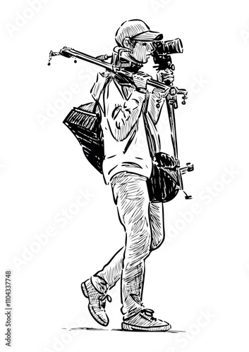 Sketch of a young professional cinematographer walking and carrying filming equipment, realistic hand drawings, vector illustration isolated on white