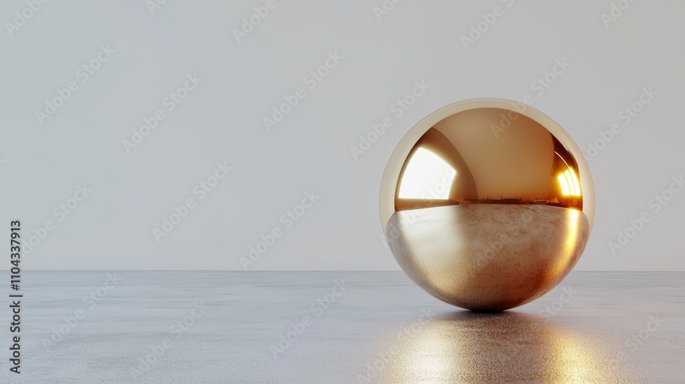 a golden sphere sitting atop a sandy beach, with a white background a golden sphere sitting atop a sandy beach, with a white background