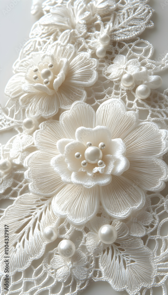 Close-up of delicate white crocheted lace flowers with pearls. Close-up of delicate white crocheted lace flowers with pearls.
