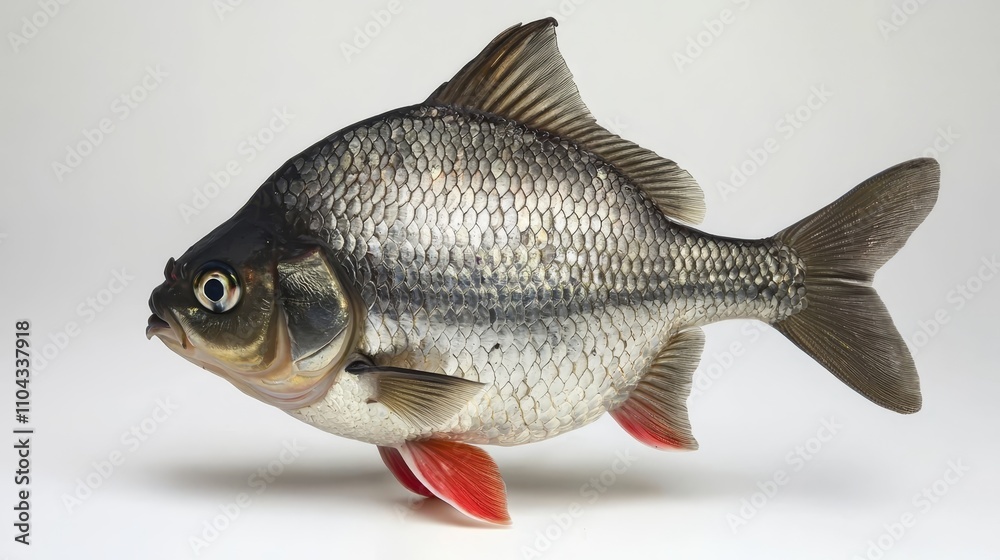 Fototapeta premium a silver fish with red fins on a white background Its scales glimmer in the light, and its fins are spread out in a fan-like shape Its eyes are large and round, a