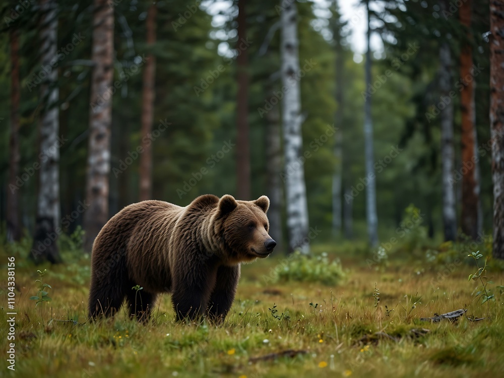 Brown bear walking through a forest glade, summer in Finland. Brown bear walking through a forest glade, summer in Finland.