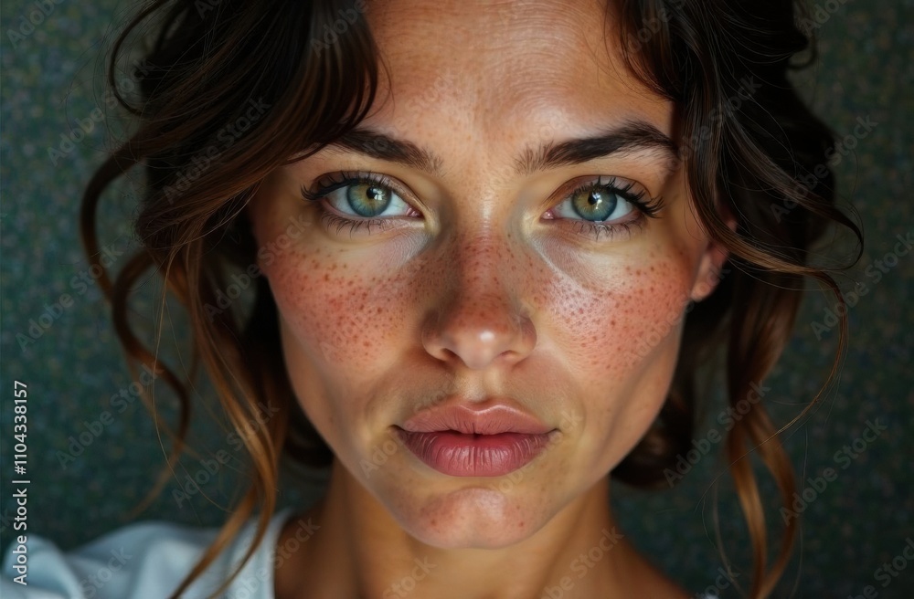 A woman with vibrant green eyes and natural freckles looks directly at the camera, showcasing her beauty and soft features. Generative AI