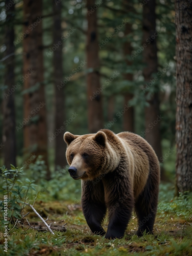 Obraz premium Brown bear wandering through a forest.