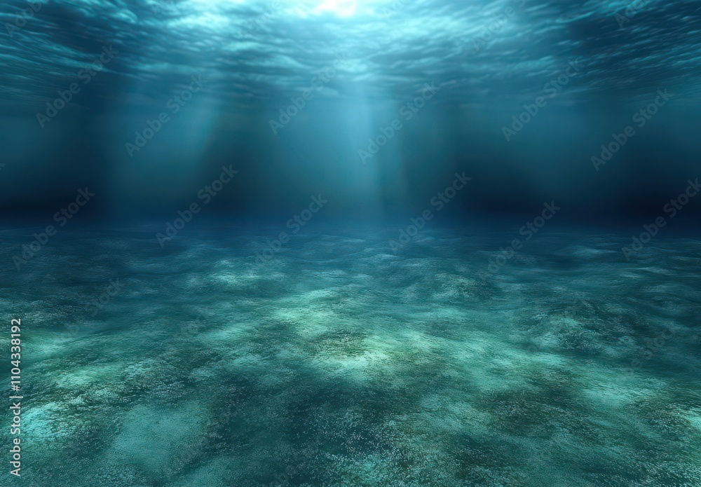 Fototapeta premium Tranquil Underwater Scene with Soft Sunlight Filtering Through Water Surface Over Lush Ocean Floor and Vibrant Marine Life in Serene Aquatic Environment