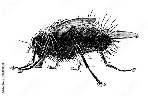 Sketches of one black fly closeup, back view, realistic hand drawn illustration isolated on white