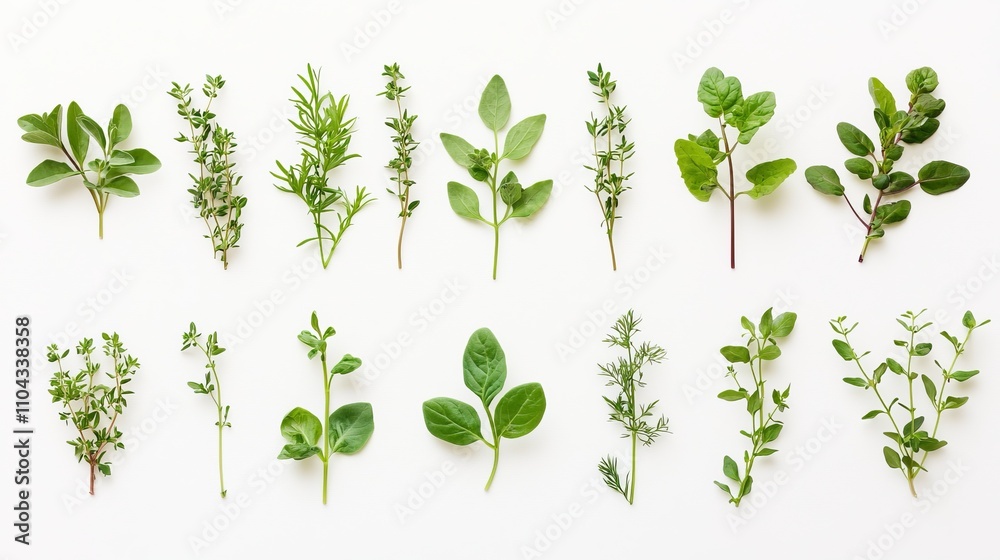 a white background with a variety of fresh herbs, including thyme, arranged in a neat and orderly fashion The leaves of the herbs are vibrant and lush, and the whi a white background with a variety of fresh herbs, including thyme, arranged in a neat and orderly fashion The leaves of the herbs are vibrant and lush, and the whi