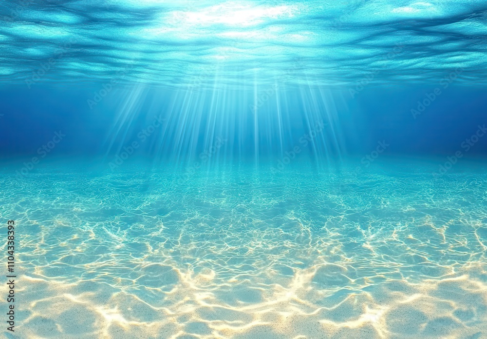 Tranquil Underwater Scene with Sunlight Rays Shining Through Crystal Clear Ocean Water over Soft Sandy Bottom Tranquil Underwater Scene with Sunlight Rays Shining Through Crystal Clear Ocean Water over Soft Sandy Bottom