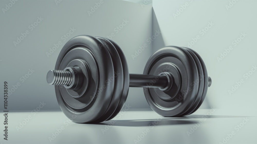 A dumbbell placed on a clean monochrome background, showing off its elegant design and metallic finish, ideal for advertising exercise equipment and fitness. A dumbbell placed on a clean monochrome background, showing off its elegant design and metallic finish, ideal for advertising exercise equipment and fitness.