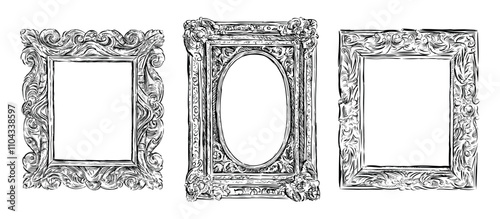 Sketches of three vintage decorative wooden carved picture frames, decor, backgrounds, hand drawn vector illustration isolated on white