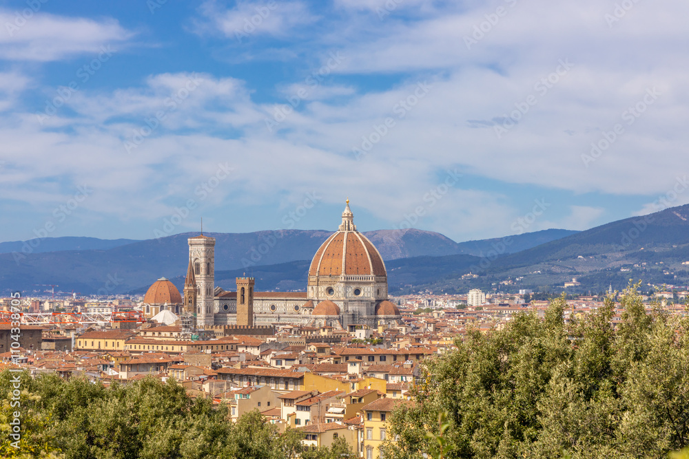 Fototapeta premium Florence city, Firenze architecture in Italy. Santa Maria del Fiore Cathedral, Duomo huge domes and walls as part of night cityscape from the hill above the city