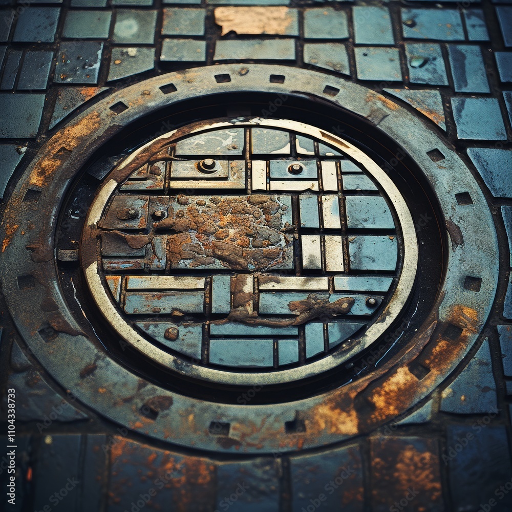 Fototapeta premium Urban Manhole Cover with Concrete Texture
