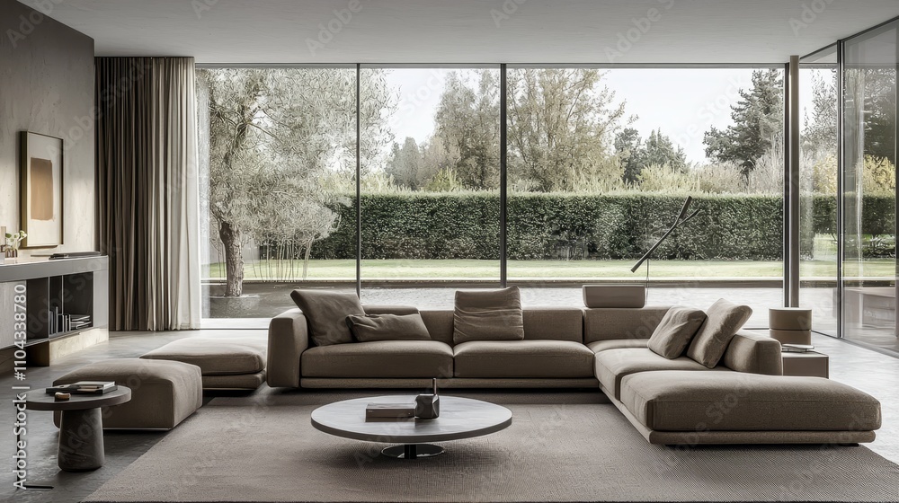 a modern living room with a large sectional sofa with pillows, a coffee table with various objects on it, a carpet on the floor, a wall with a photo frame and other a modern living room with a large sectional sofa with pillows, a coffee table with various objects on it, a carpet on the floor, a wall with a photo frame and other