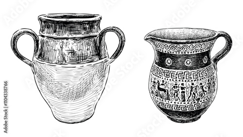 Sketches of two ancient ceramic greek vases with handles, realistic hand drawings, vector illustration isolated on white