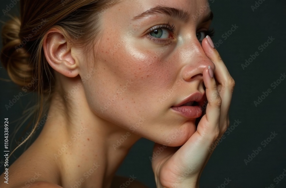 A young woman with flawless skin and striking features gazes thoughtfully, fingers lightly touching her face, creating an intimate atmosphere. Generative AI A young woman with flawless skin and striking features gazes thoughtfully, fingers lightly touching her face, creating an intimate atmosphere. Generative AI
