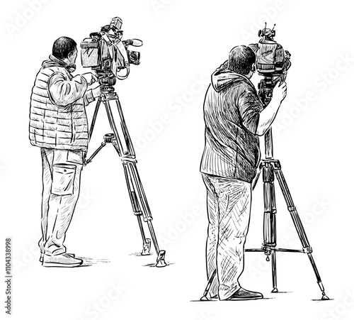 Sketches of two professional cinematographers filming on cameras, realistic hand drawings, vector illustration isolated on white
