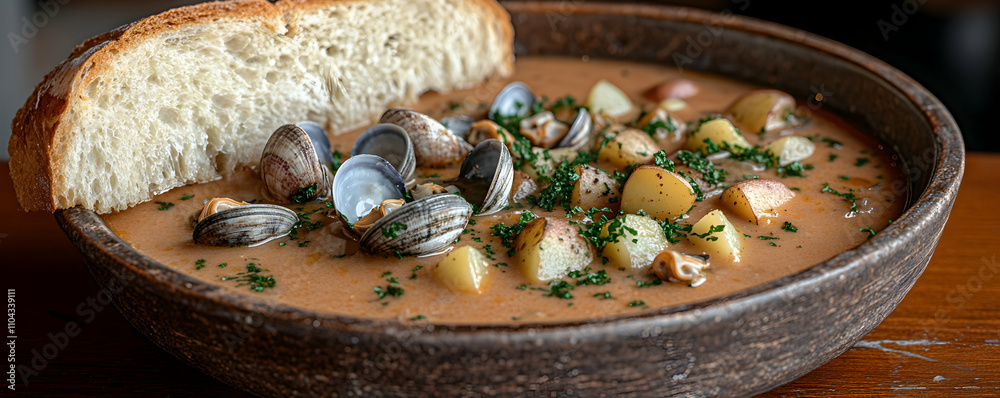 Creamy clam chowder with potatoes and bread. Creamy clam chowder with potatoes and bread.