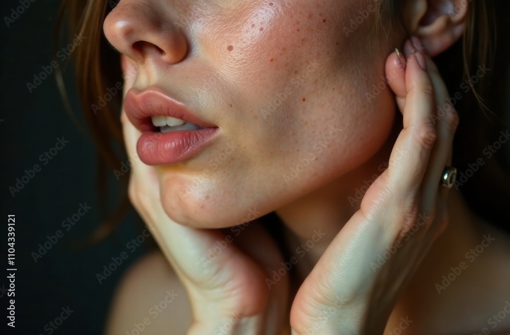 Obraz premium A woman cradles her face with gentle hands, showcasing natural beauty in soft lighting that emphasizes her features and skin texture. Generative AI