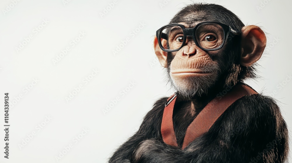 a chimpanzee wearing glasses and a red belt against a white background a chimpanzee wearing glasses and a red belt against a white background