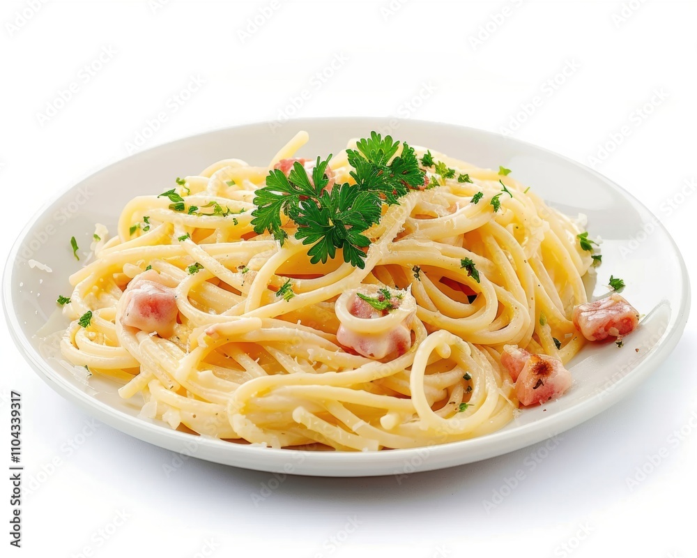 Delicious plate of spaghetti carbonara garnished with fresh parsley. Delicious plate of spaghetti carbonara garnished with fresh parsley.