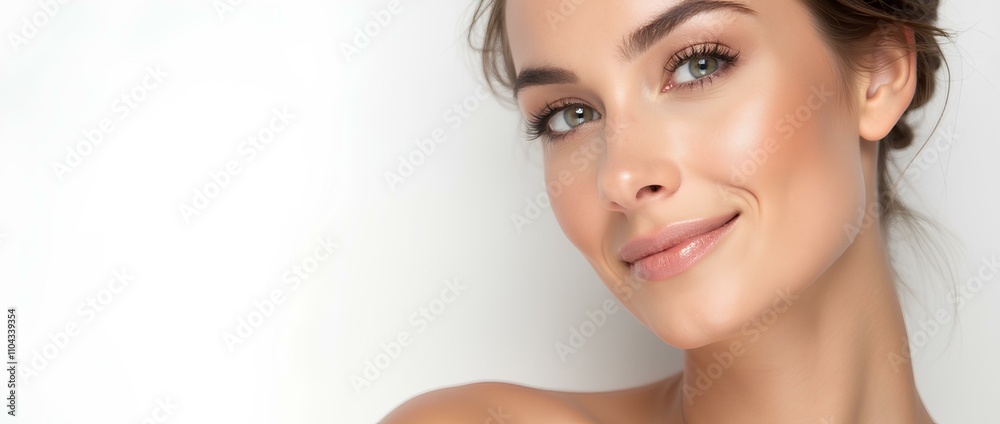 Close-up of model, young woman with perfect skin and white smile on light beige background with space for text. For advertising of dental and skin care products Close-up of model, young woman with perfect skin and white smile on light beige background with space for text. For advertising of dental and skin care products