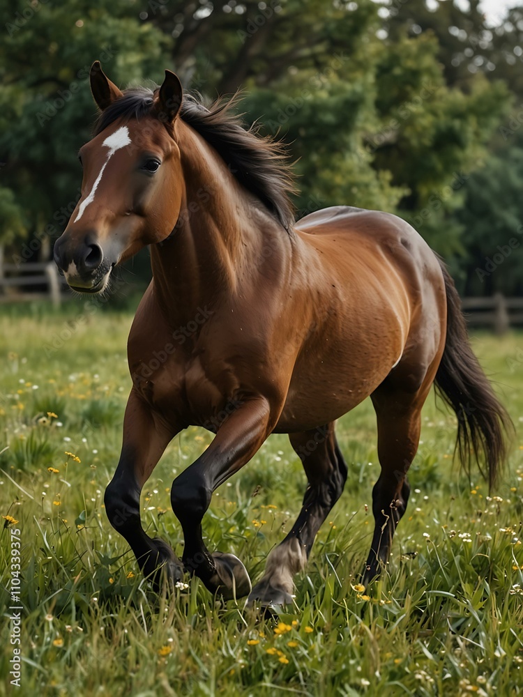 Brown horse galloping in a grassy meadow. Brown horse galloping in a grassy meadow.