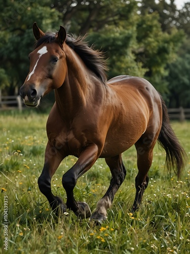 Brown horse galloping in a grassy meadow.