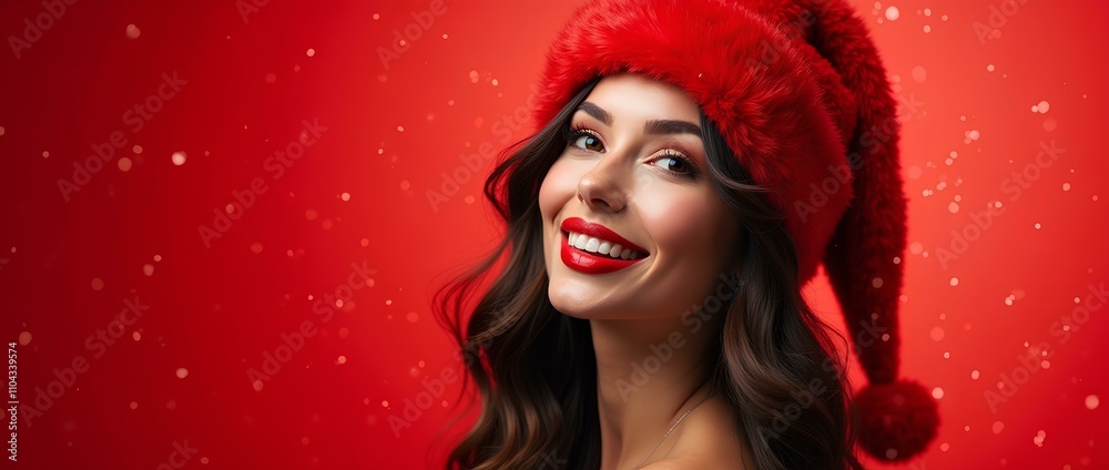 Model with flawless makeup, glowing skin with smile wearing Santa Claus hat on red background with snowflakes with space for text. For advertising design, Christmas and New Year promotions, sales Model with flawless makeup, glowing skin with smile wearing Santa Claus hat on red background with snowflakes with space for text. For advertising design, Christmas and New Year promotions, sales
