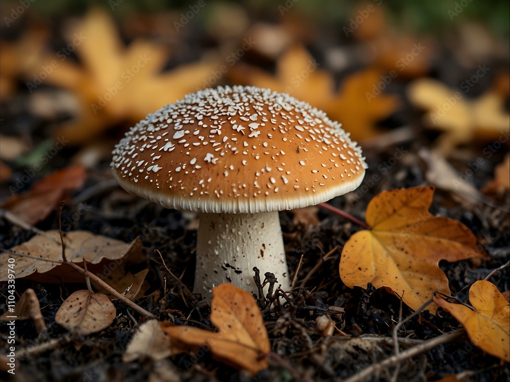 Brown mushroom on the ground covered by fall leaves. Brown mushroom on the ground covered by fall leaves.