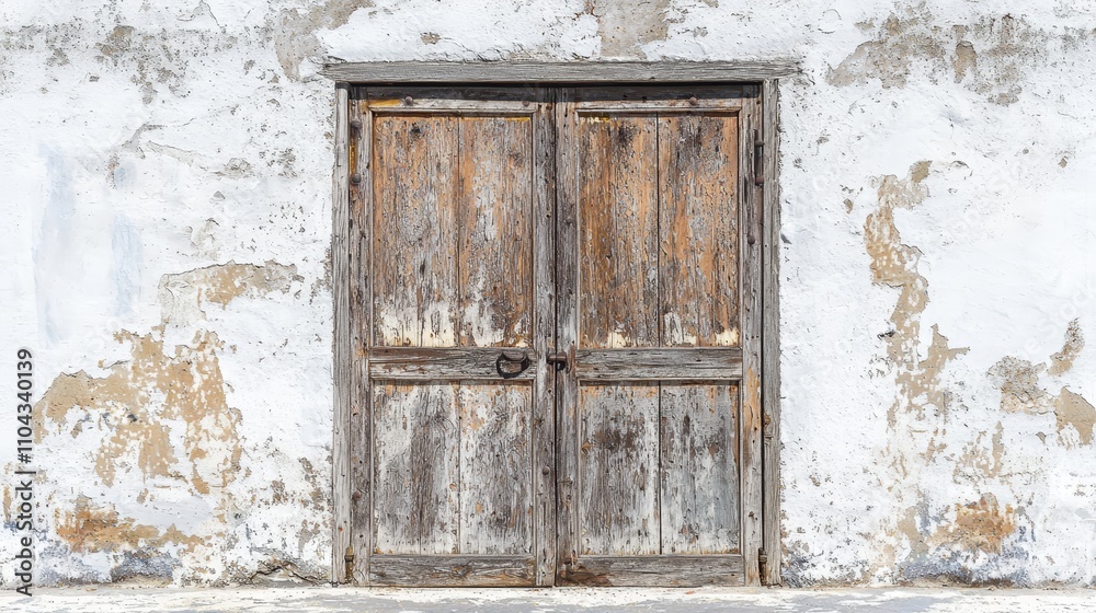 an old wooden door in a white wall with peeling paint The door is weathered and aged, with the paint chipping away to reveal the wood underneath The wall is a sta an old wooden door in a white wall with peeling paint The door is weathered and aged, with the paint chipping away to reveal the wood underneath The wall is a sta