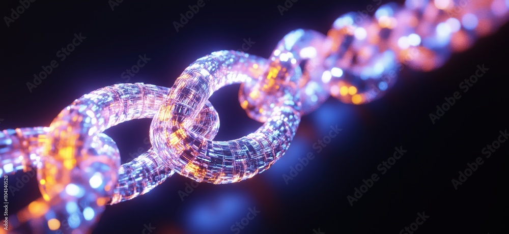 Glowing chain links, vibrant colors, futuristic design, intricate details, digital art, illuminated textures, copy space for text Glowing chain links, vibrant colors, futuristic design, intricate details, digital art, illuminated textures, copy space for text