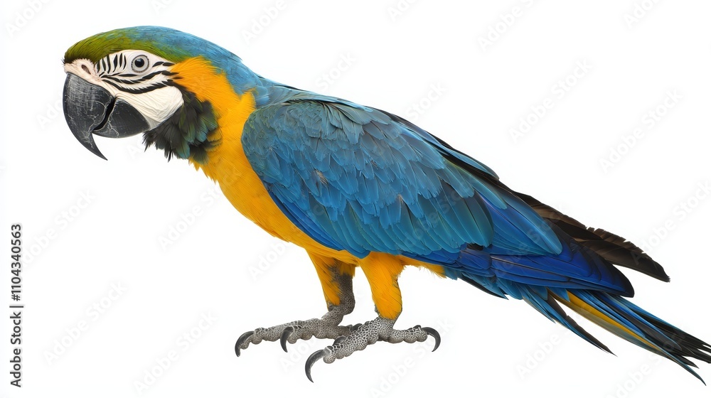 Fototapeta premium a blue and yellow macaw perched on a white background Its feathers are a mix of blue, yellow, and black, creating a vibrant and eye-catching display