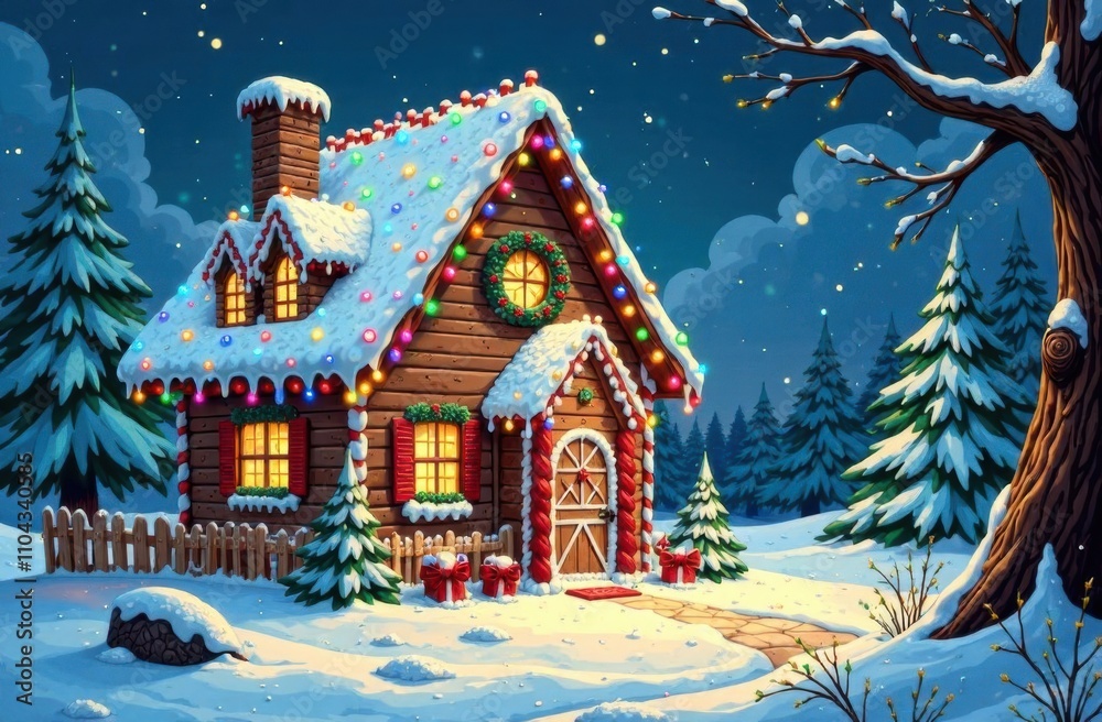 A charming cabin with a snow-laden roof and bright decorations stands amidst snow-covered trees on a peaceful winter night. Generative AI