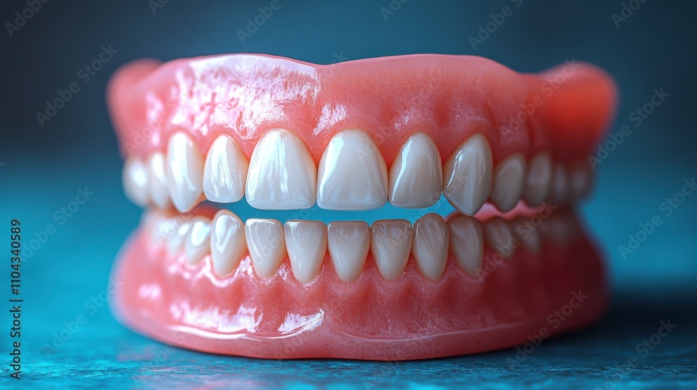 Fototapeta premium Detailed 3D Rendered Dental Prosthesis: A Close-up View of Artificial Teeth and Gums