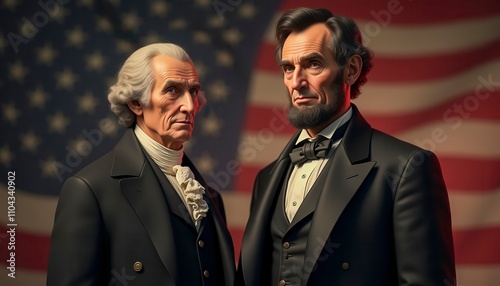 Historical Portrait of Two Significant American Leaders Against a Flag Backdrop